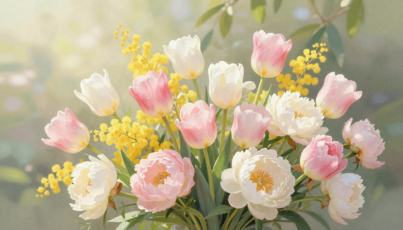 A vibrant and delicate composition of spring flowers, featur...