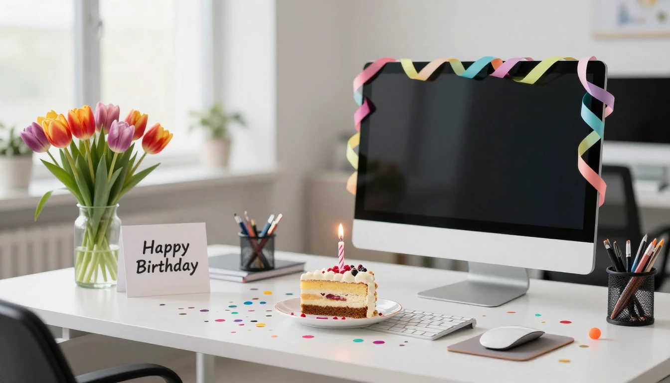 A festive and bright office desk scene celebrating a birthda...