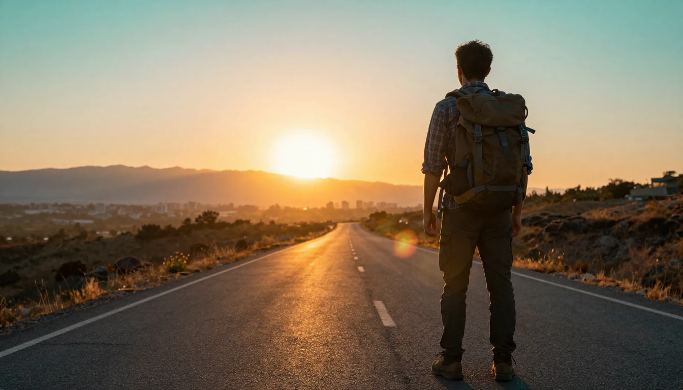 A cinematic wide shot of a traveler standing on an open asph...