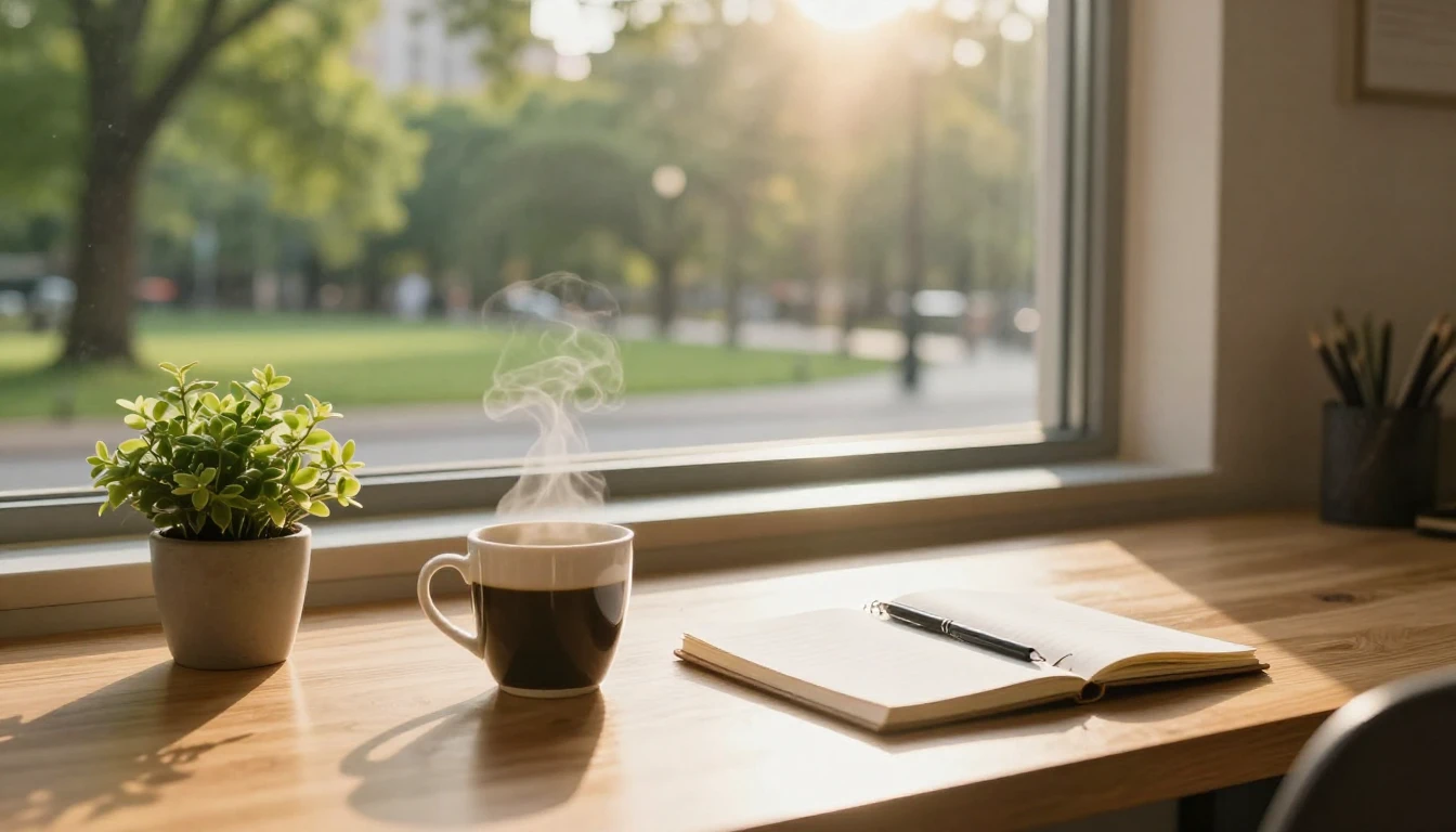 A cozy, sun-drenched office space with a large window overlo...