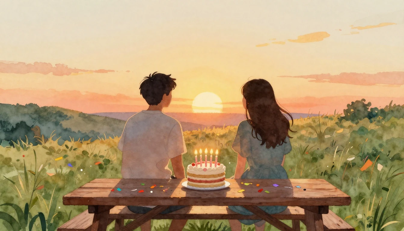 A warm and nostalgic watercolor painting featuring two silho...