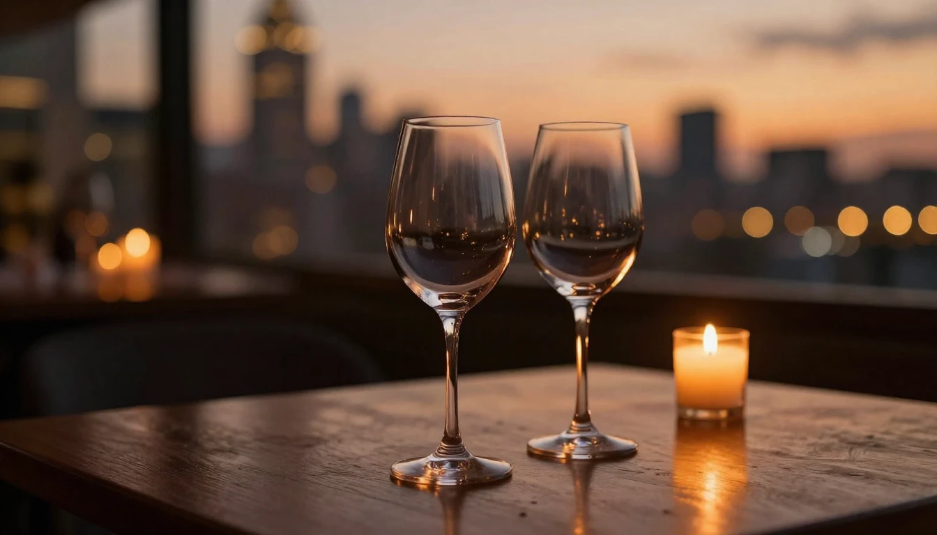 A close-up shot of two elegant wine glasses on a polished wo...