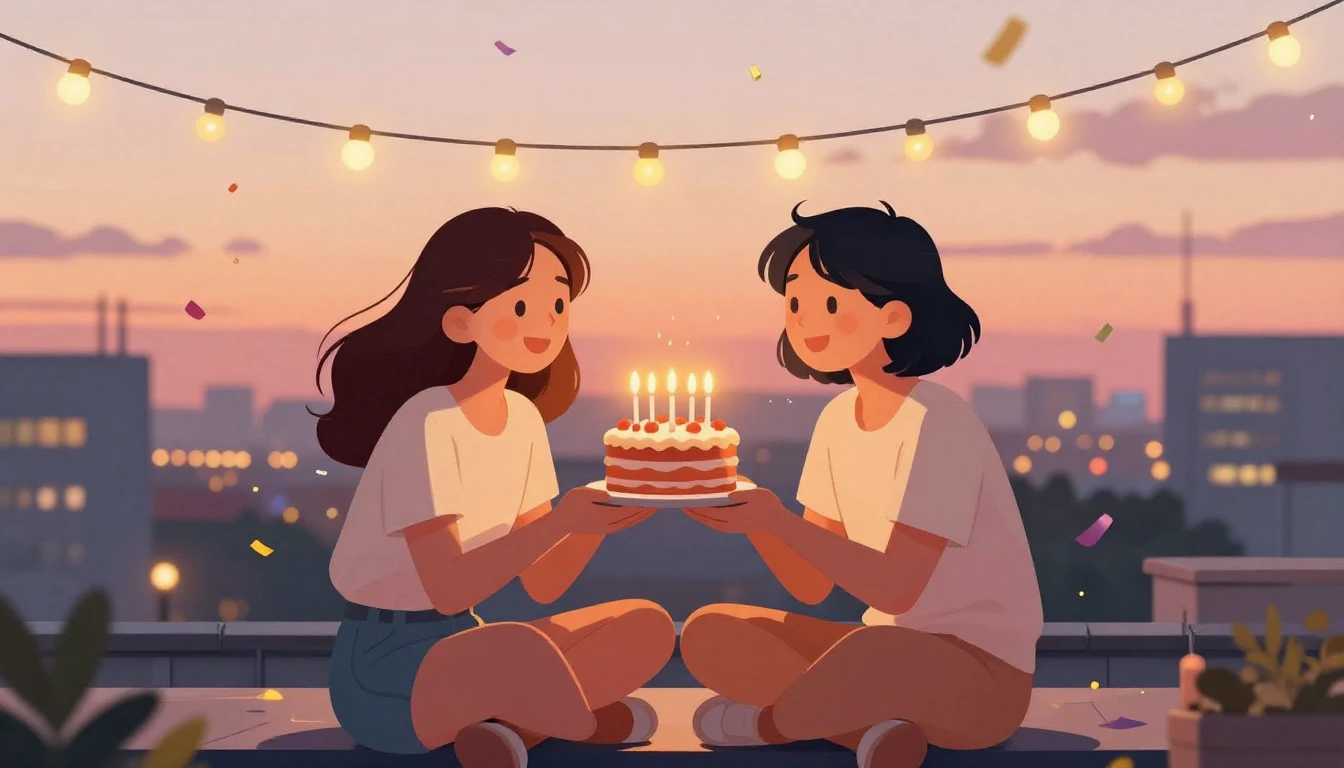 A heartwarming illustration of two best friends sitting on a...