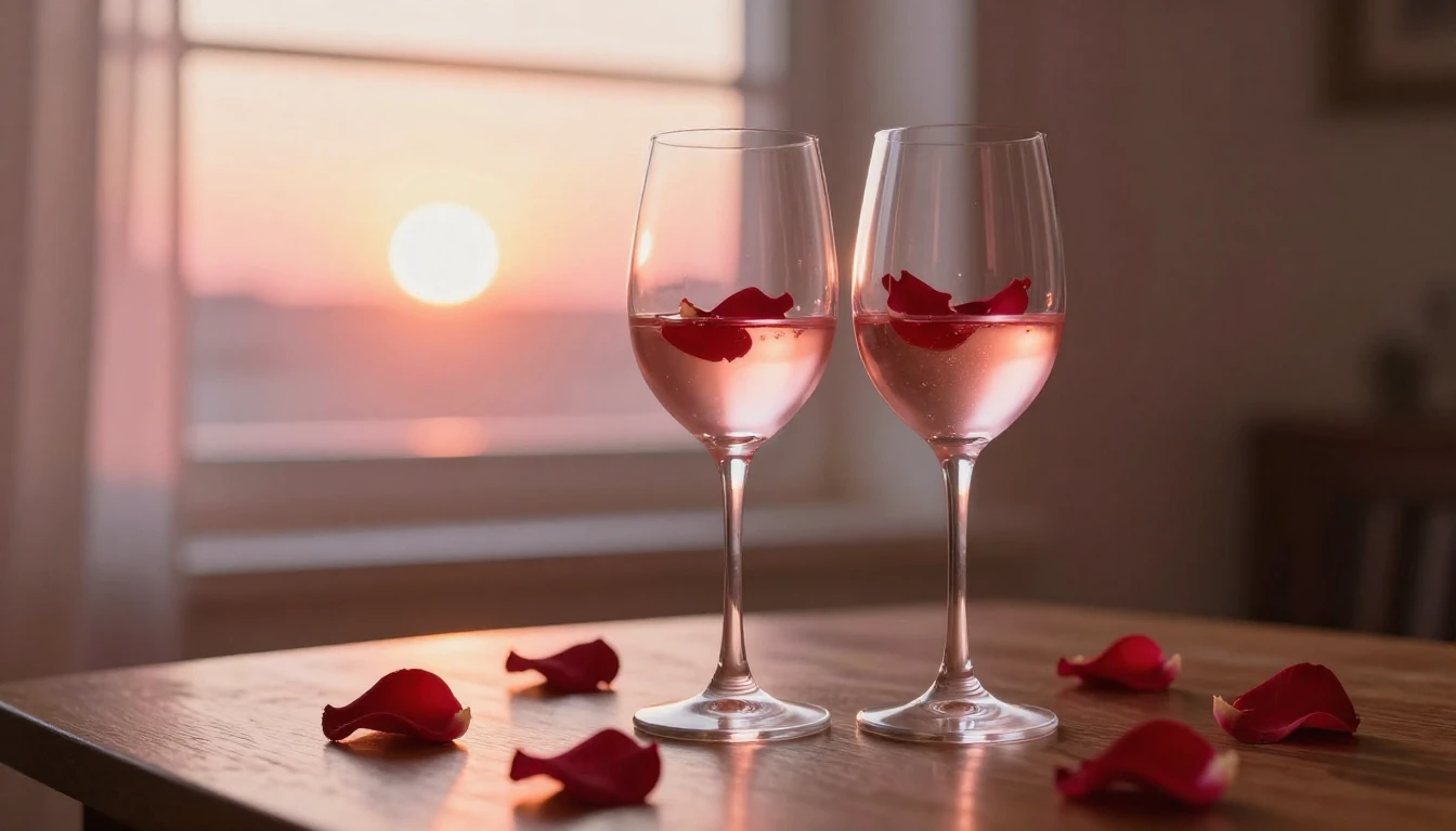 A beautiful and romantic scene featuring two elegant wine gl...