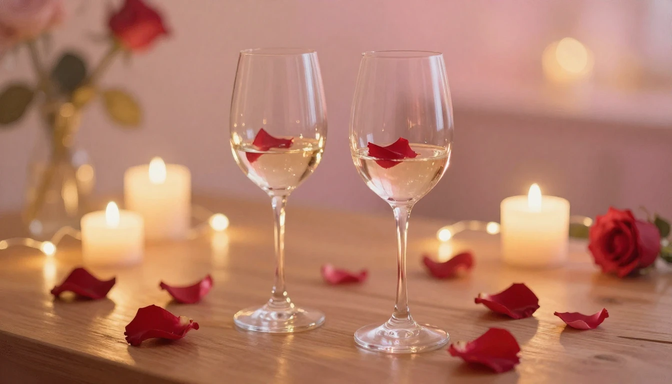 A dreamy and romantic scene featuring two elegant wine glass...