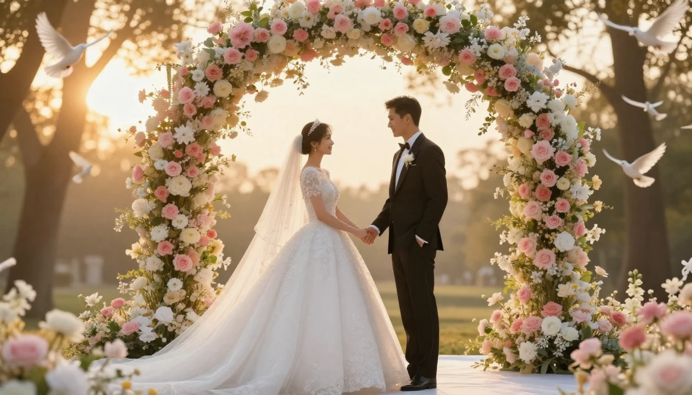 A romantic and cinematic wide shot of a bride and groom hold...
