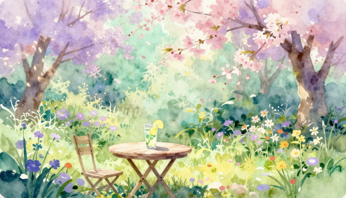 A vibrant watercolor painting of a lush garden in full bloom...