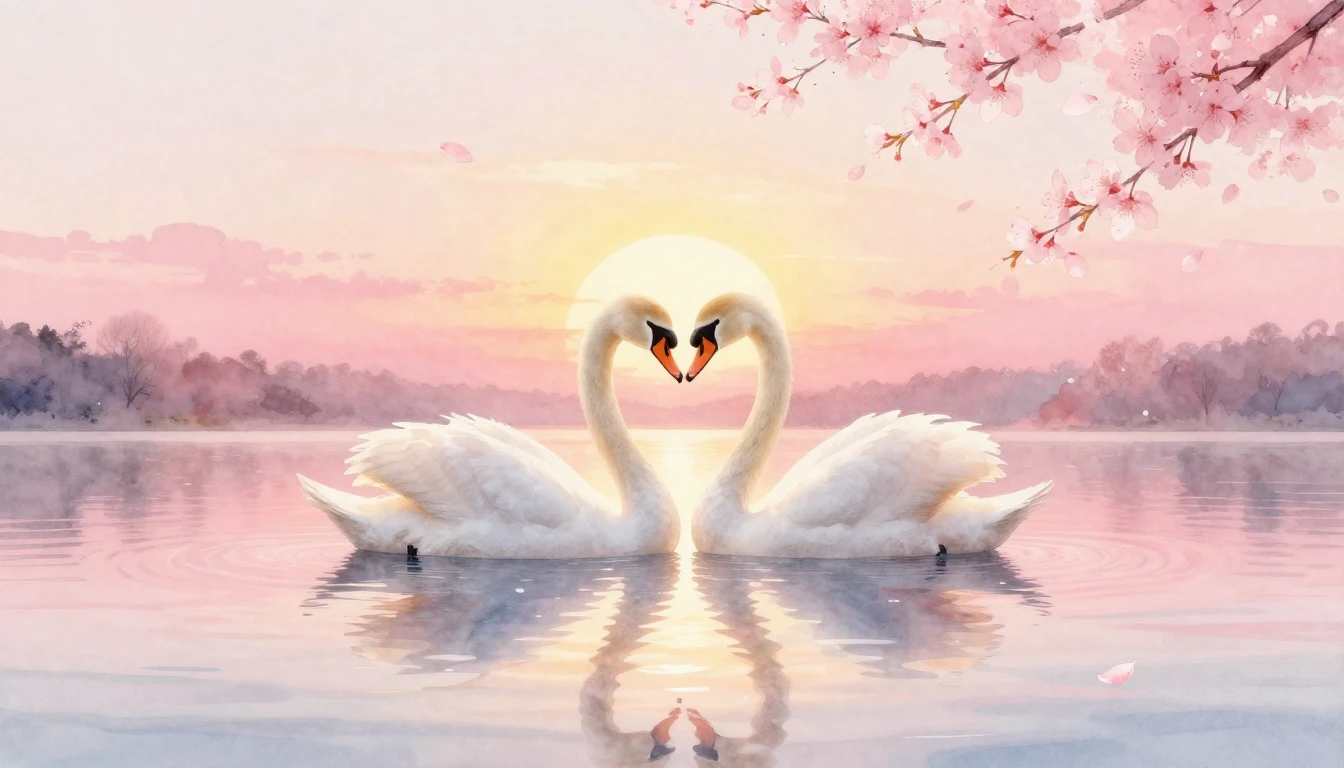 A delicate watercolor painting of a soft pink and gold sunse...