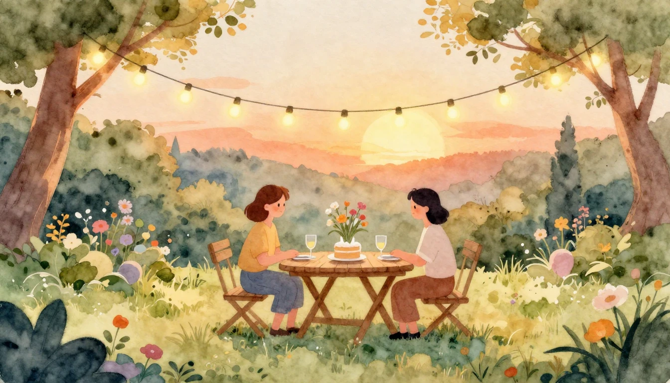 A beautiful watercolor illustration of a cozy outdoor garden...