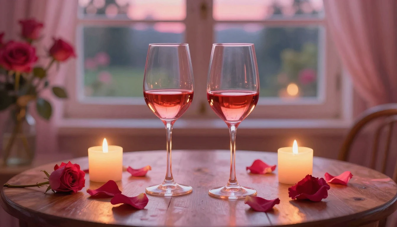 A dreamy and romantic scene featuring two elegant wine glass...