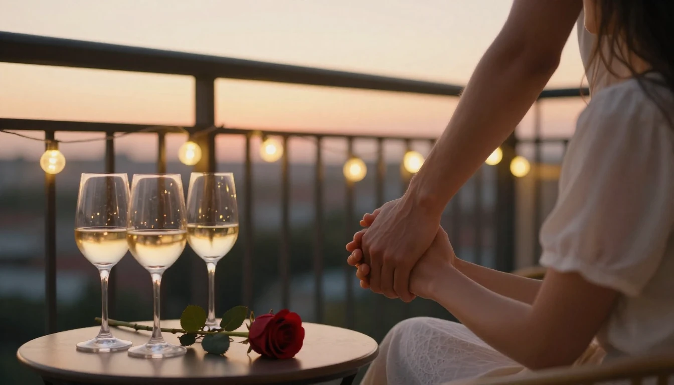 A romantic and intimate scene of a couple holding hands on a...