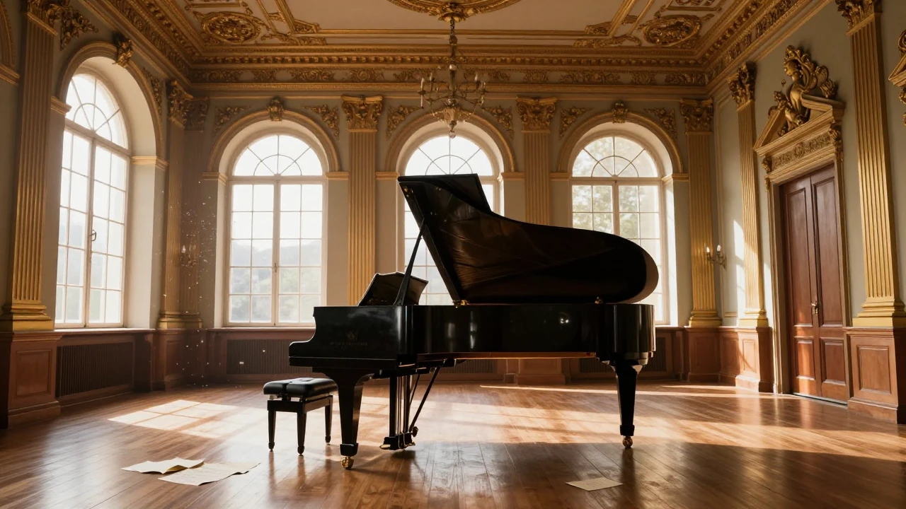 A majestic grand piano standing in the center of a sun-drenc...