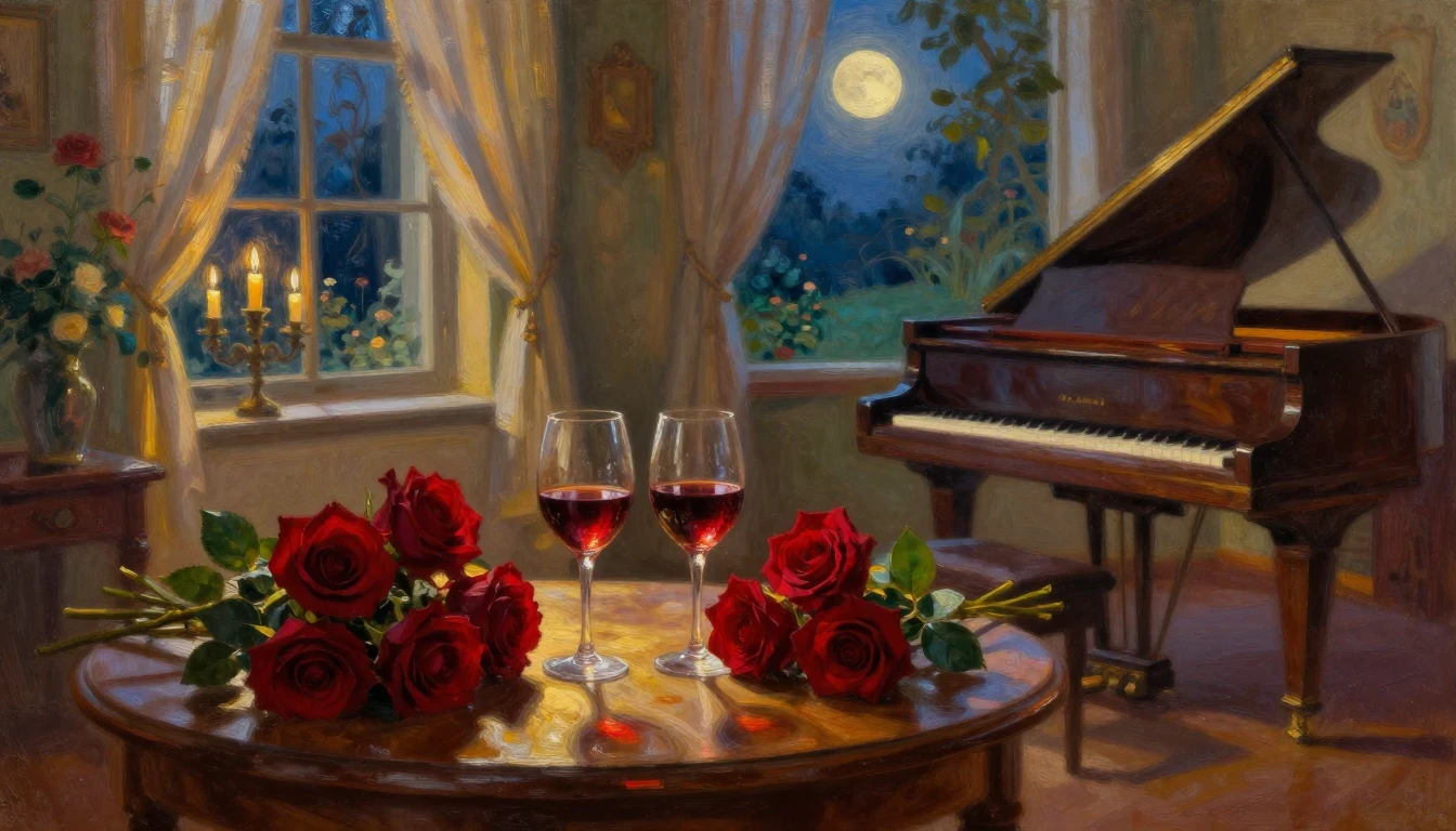 A lush oil painting of a cozy, candlelit room overlooking a ...