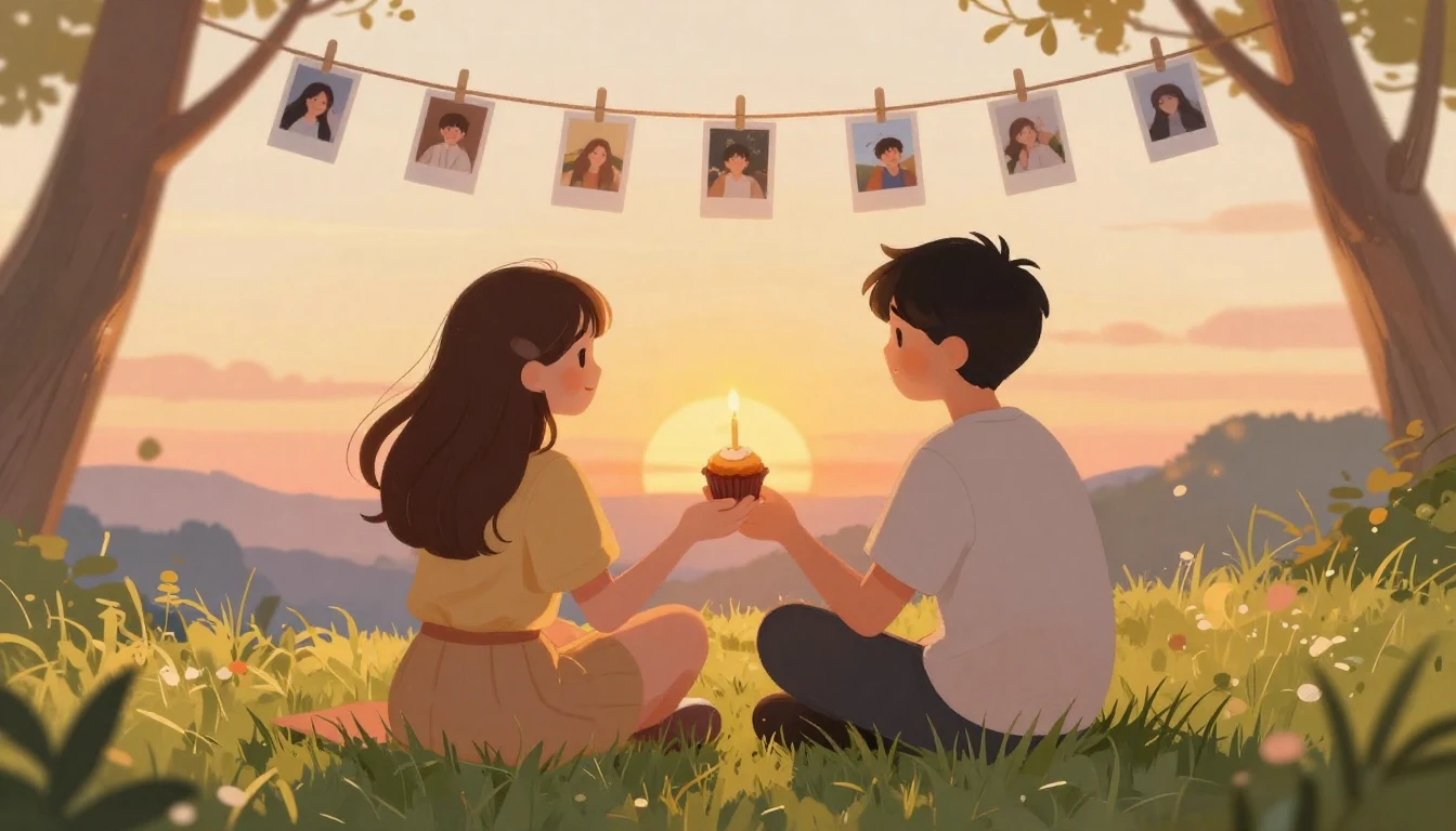 A heartwarming illustration of two friends sitting on a gras...