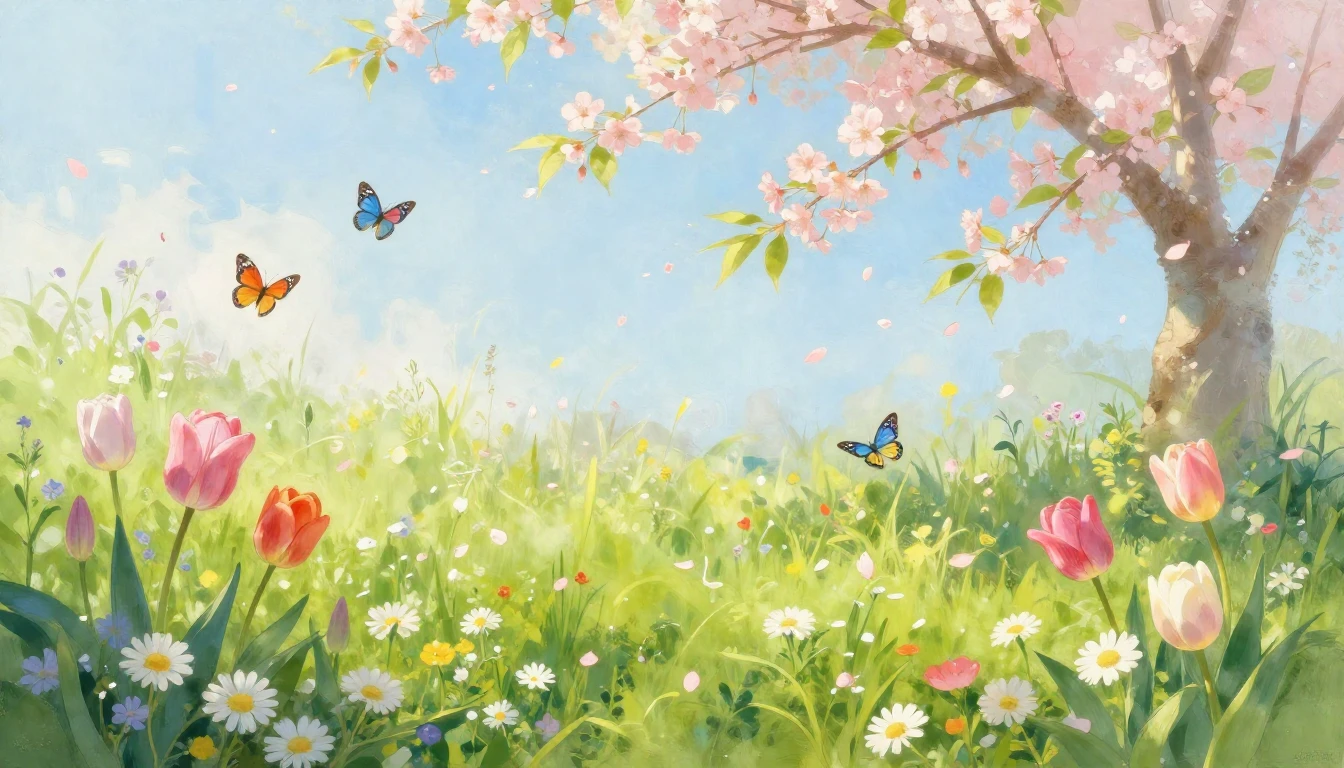 A vibrant meadow filled with various blooming spring flowers...