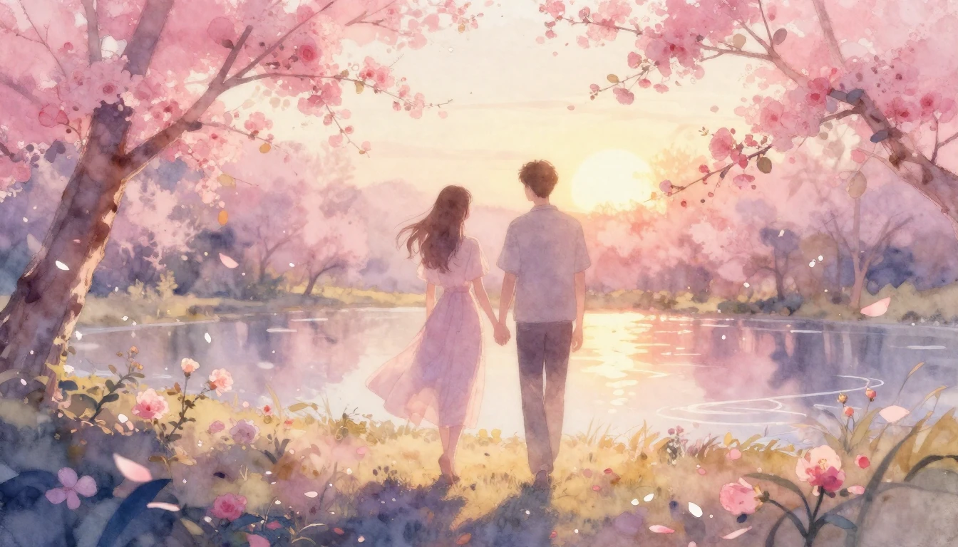 A soft and ethereal watercolor painting depicting two silhou...