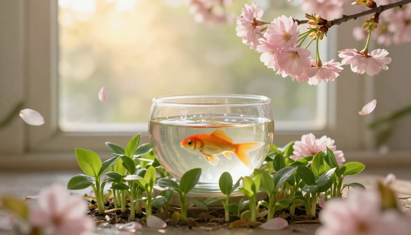 A beautiful and serene arrangement of blooming pink cherry b...