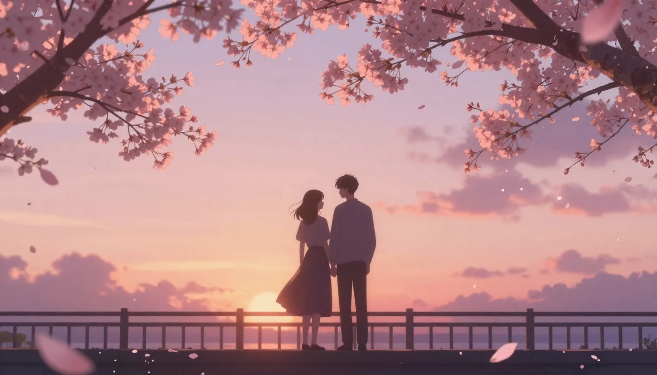A dreamy and romantic scene featuring two silhouettes of lov...