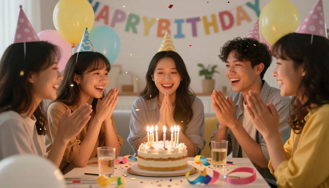 A joyful birthday celebration scene among close friends, a d...