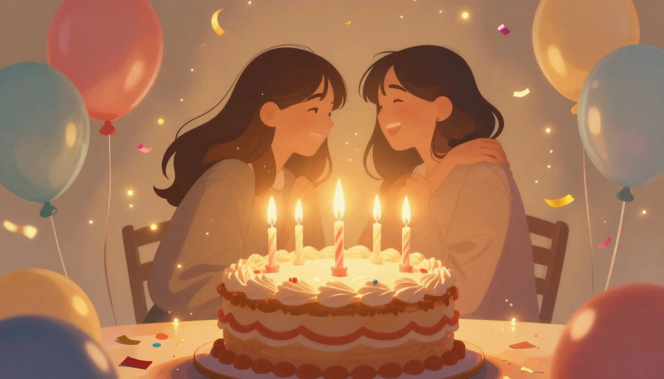 A warm and festive illustration celebrating a birthday. In t...
