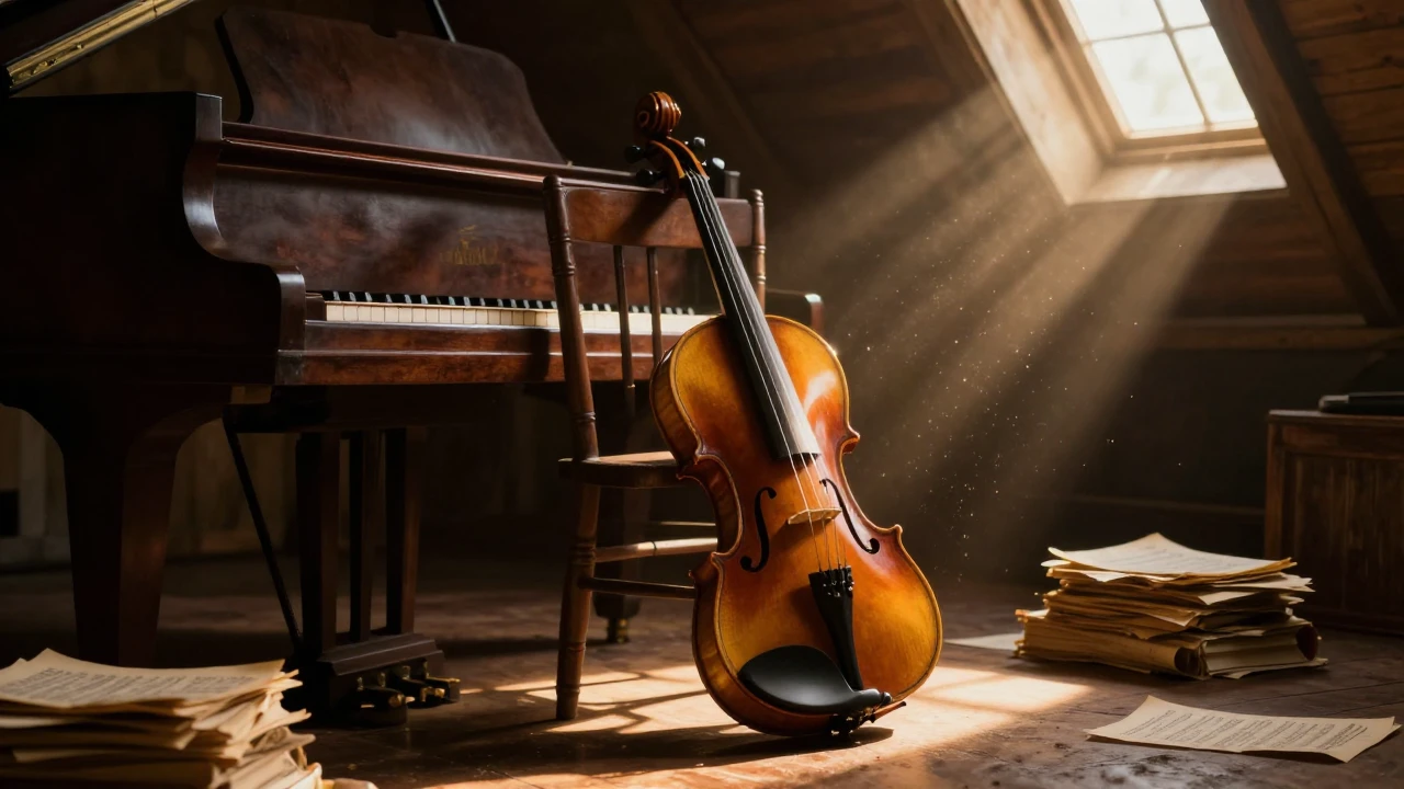 An evocative and atmospheric scene featuring a grand piano a...