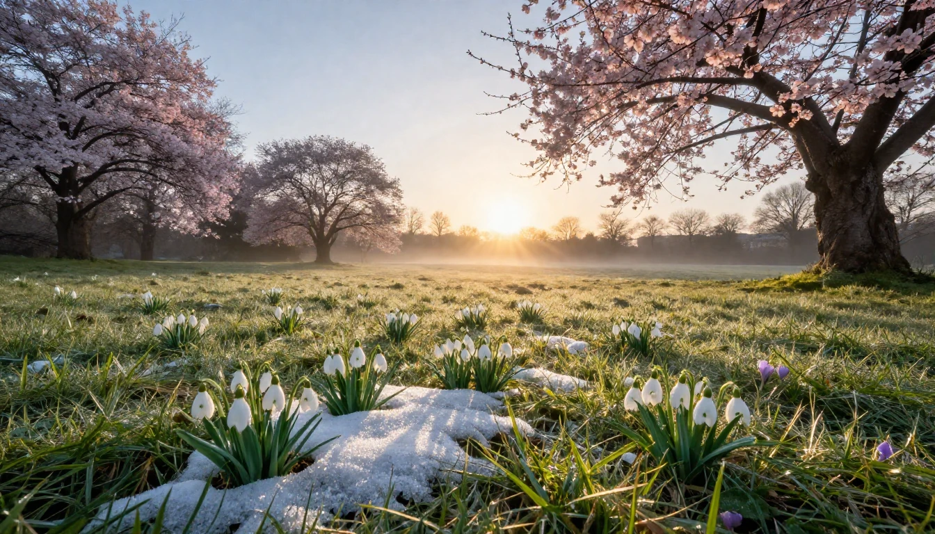 A breathtaking landscape of a meadow at dawn during the firs...