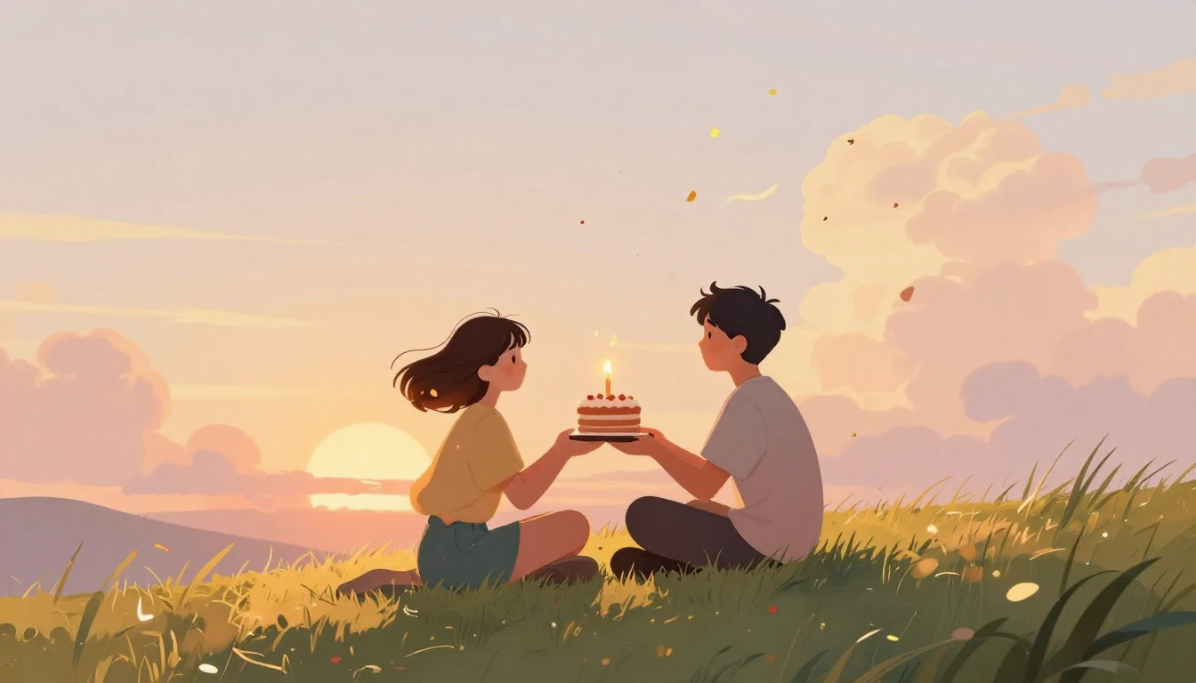 A heartwarming illustration of two friends sitting on a gras...