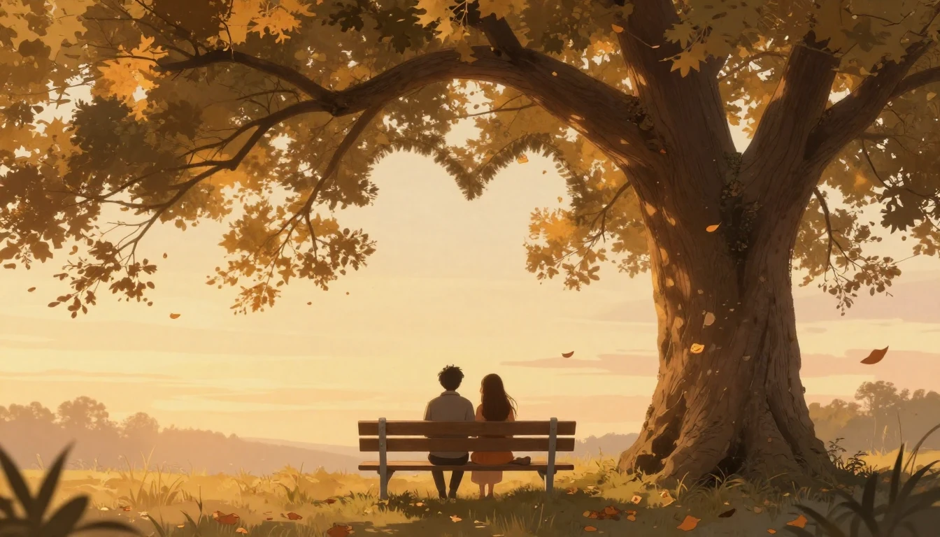 A romantic and soft illustration of a couple sitting on a wo...