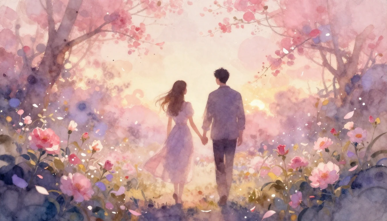 A dreamy and ethereal watercolor painting of two silhouettes...