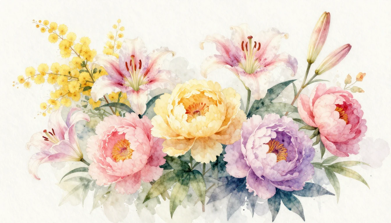 A delicate watercolor painting of various blooming flowers l...