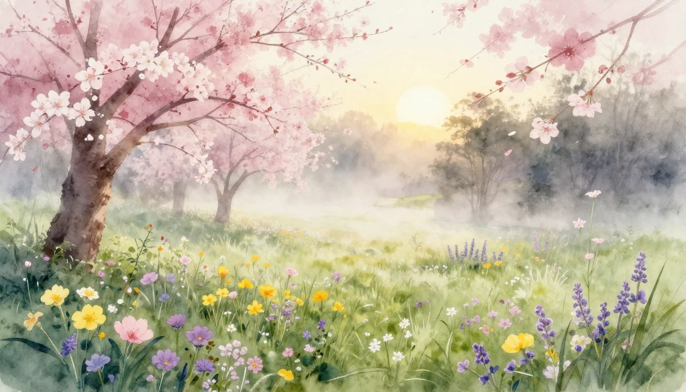 A beautiful watercolor painting depicting a lush meadow at d...