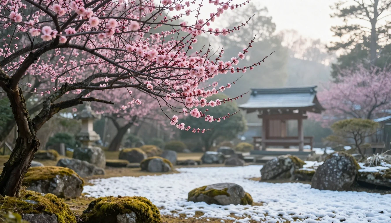 A serene landscape depicting the early arrival of spring in ...