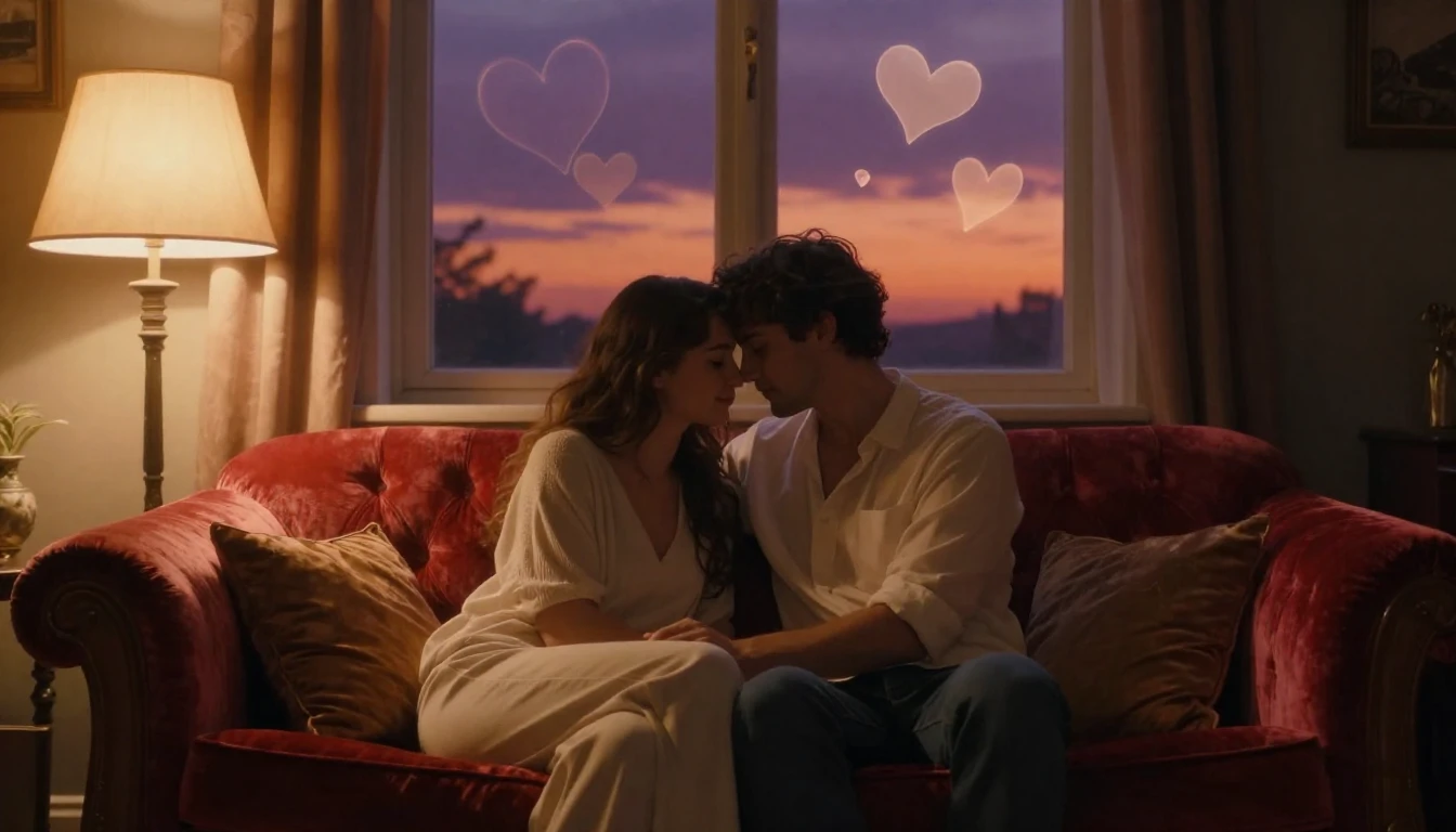 A tender and romantic scene depicting a couple sitting close...