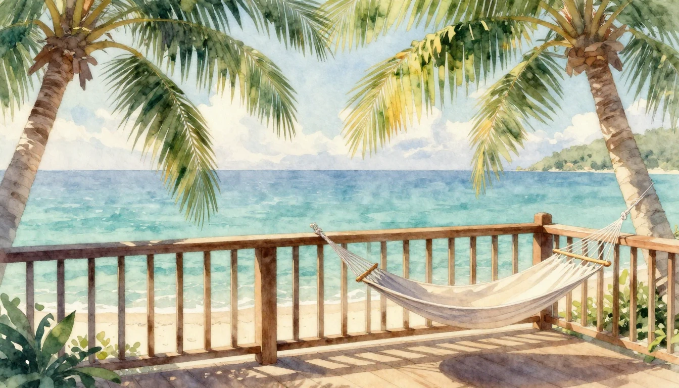 A peaceful landscape featuring a cozy wooden balcony overloo...