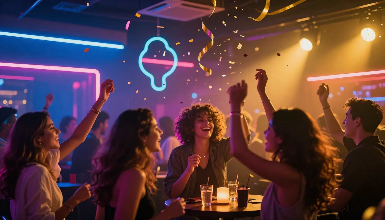 A vibrant and energetic scene of a festive celebration. Glow...