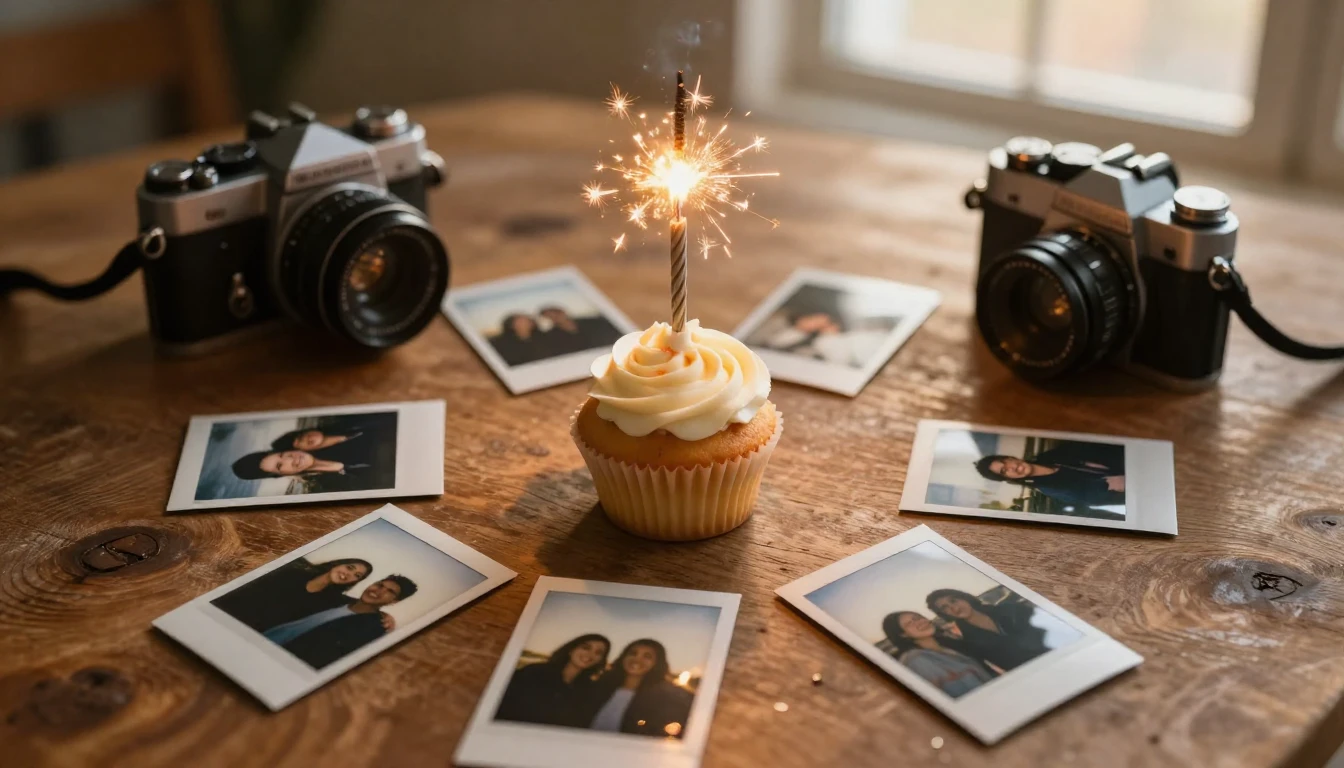 A warm and nostalgic scene on a rustic wooden table top view...