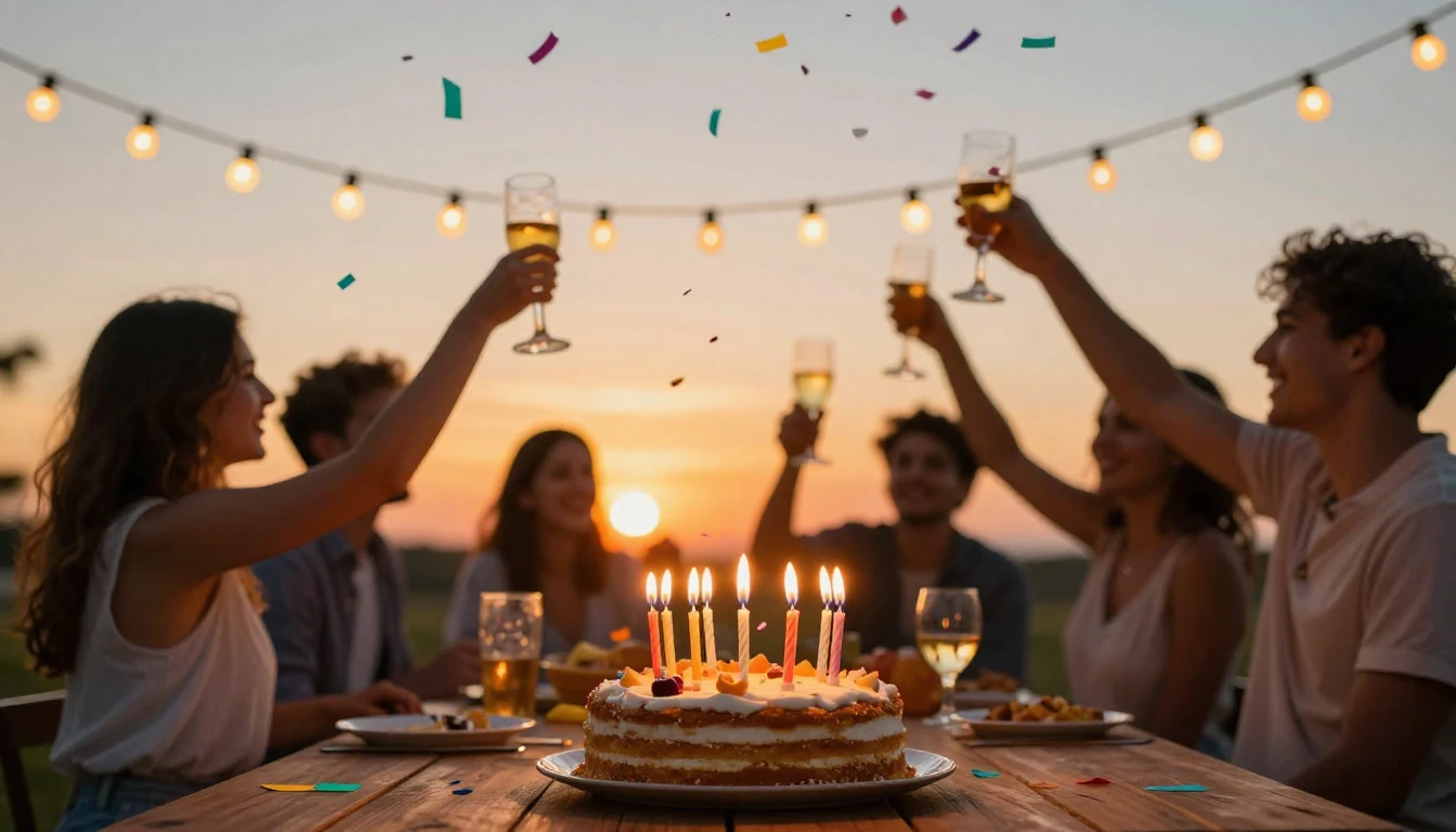 A vibrant and joyful scene of a birthday celebration outdoor...