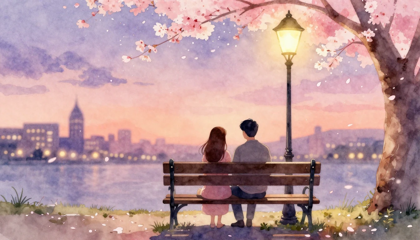 A romantic scene of a couple sitting on a vintage park bench...
