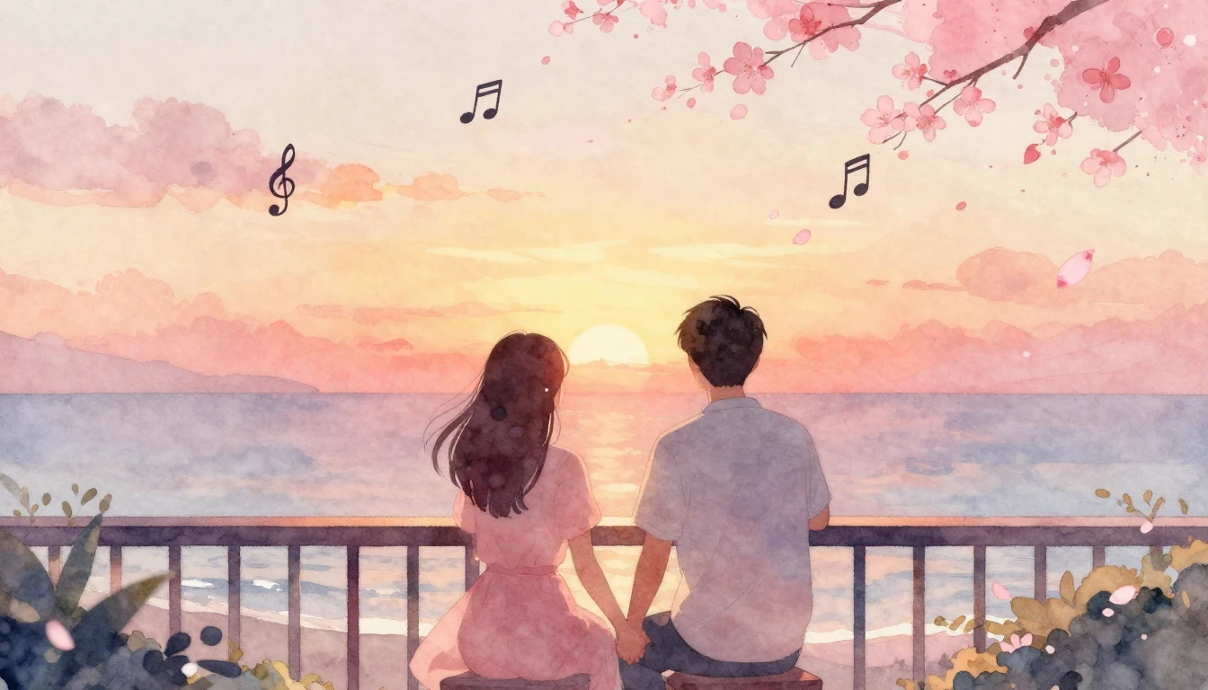 A romantic, dreamy watercolor painting depicting a couple si...