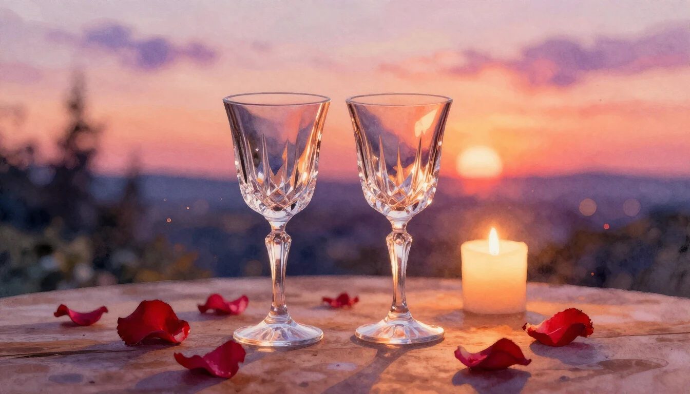 A beautiful watercolor painting of a romantic evening scene....