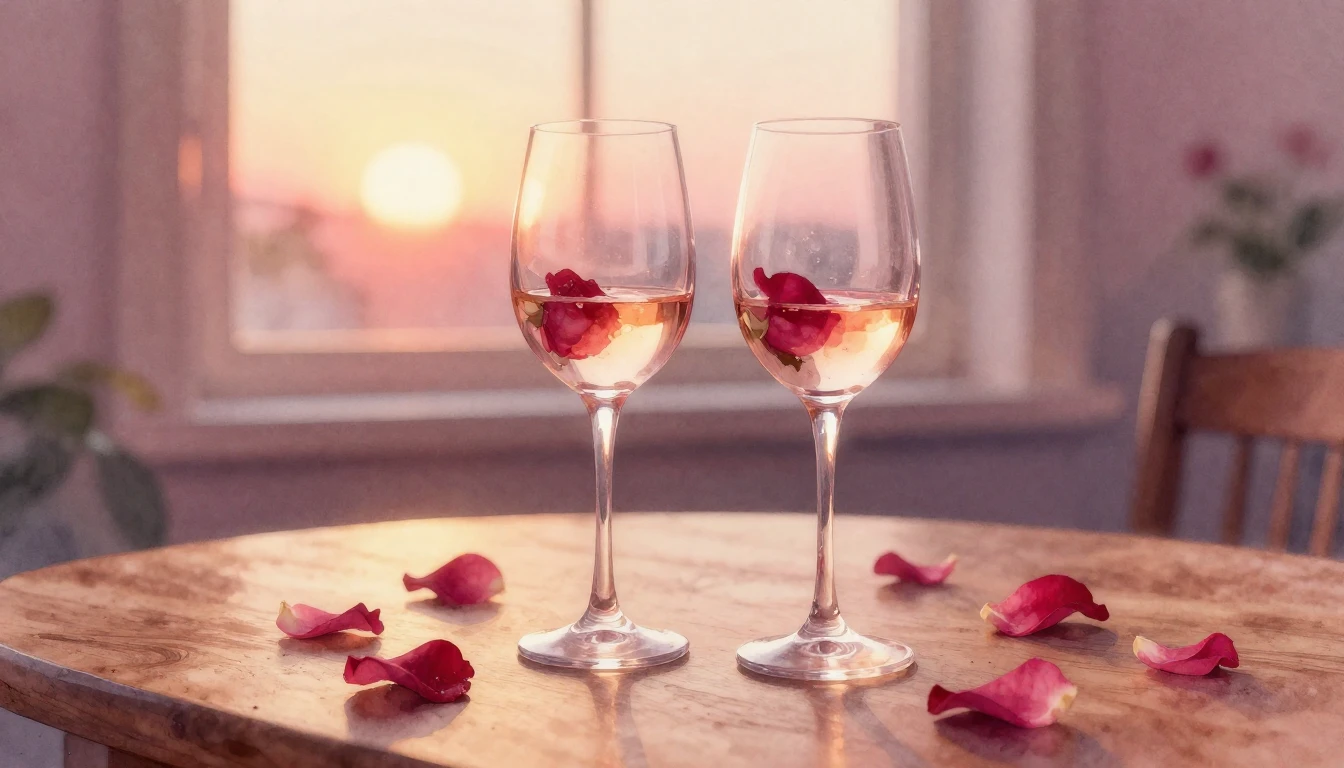 A soft and dreamy watercolor painting of two elegant wine gl...