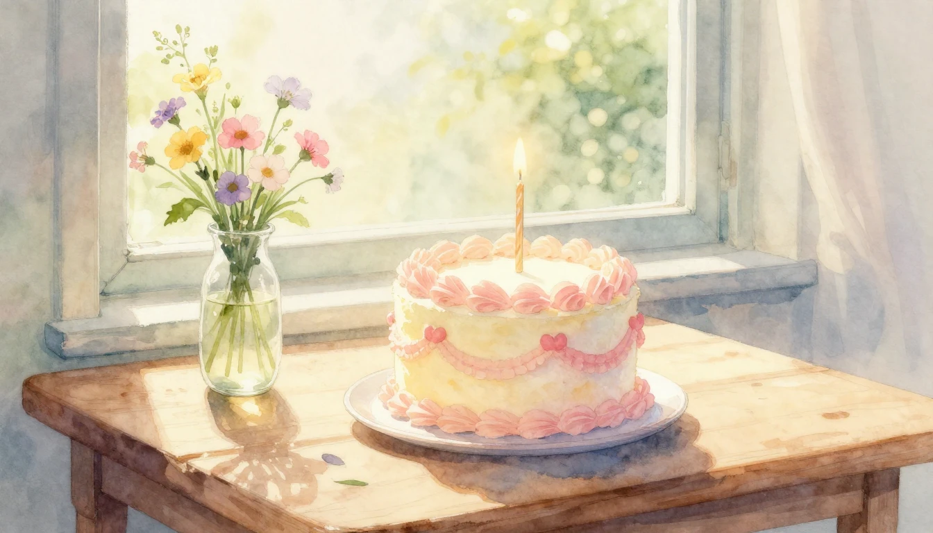 A beautiful watercolor painting of a small, elegant birthday...