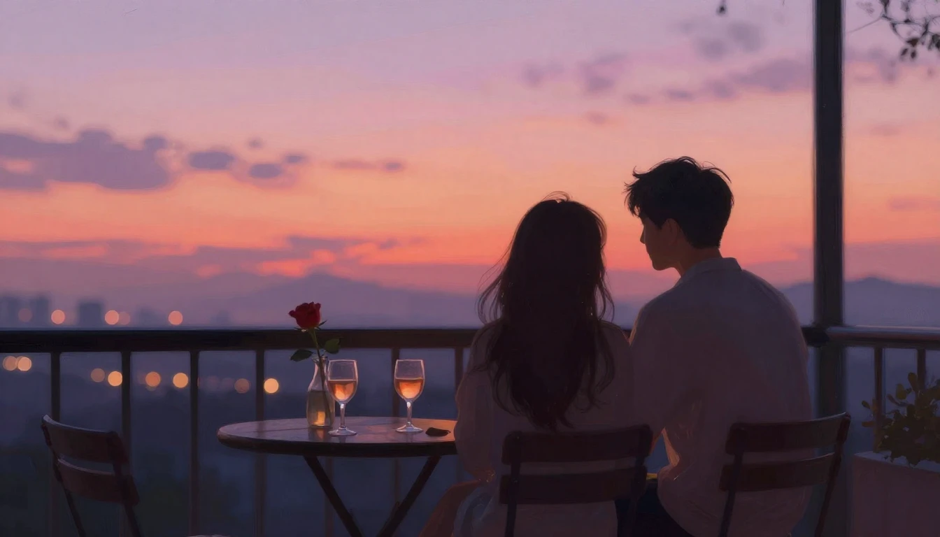 A romantic and dreamy scene of two silhouettes sitting toget...