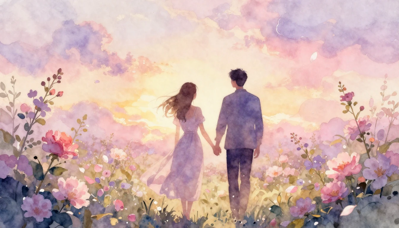 A beautiful and delicate watercolor painting of two silhouet...