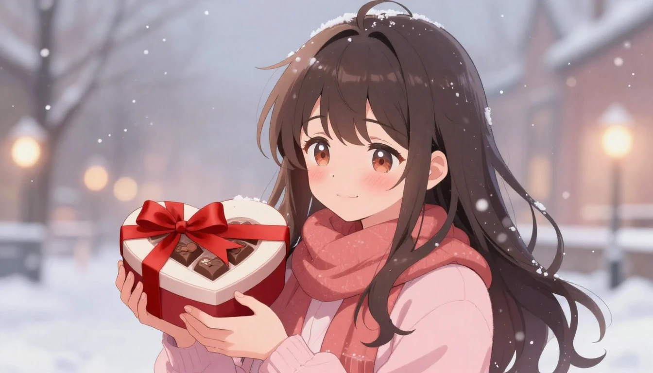 A romantic anime-style illustration of a young woman holding...