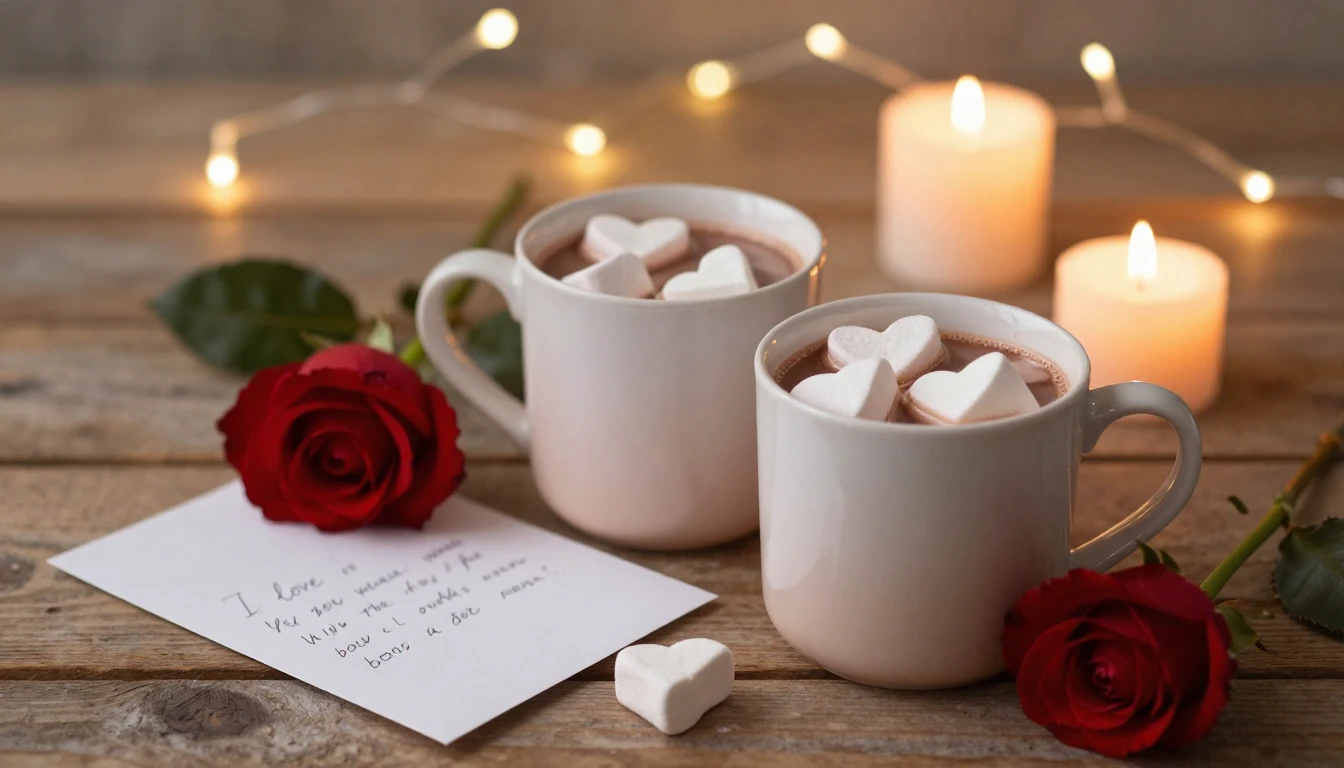 A romantic and cozy scene featuring two mugs of hot chocolat...