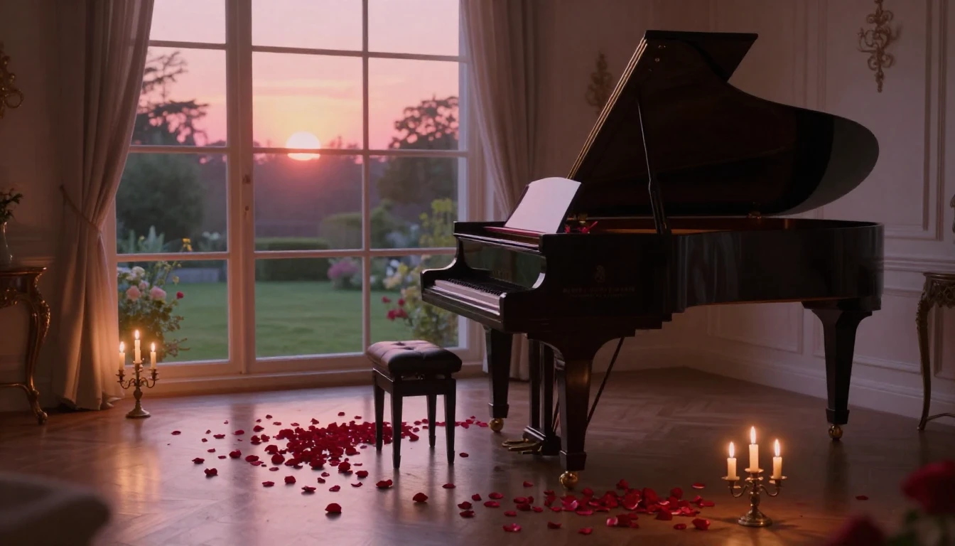 A breathtaking scene of a quiet, elegant room at dusk. A gra...