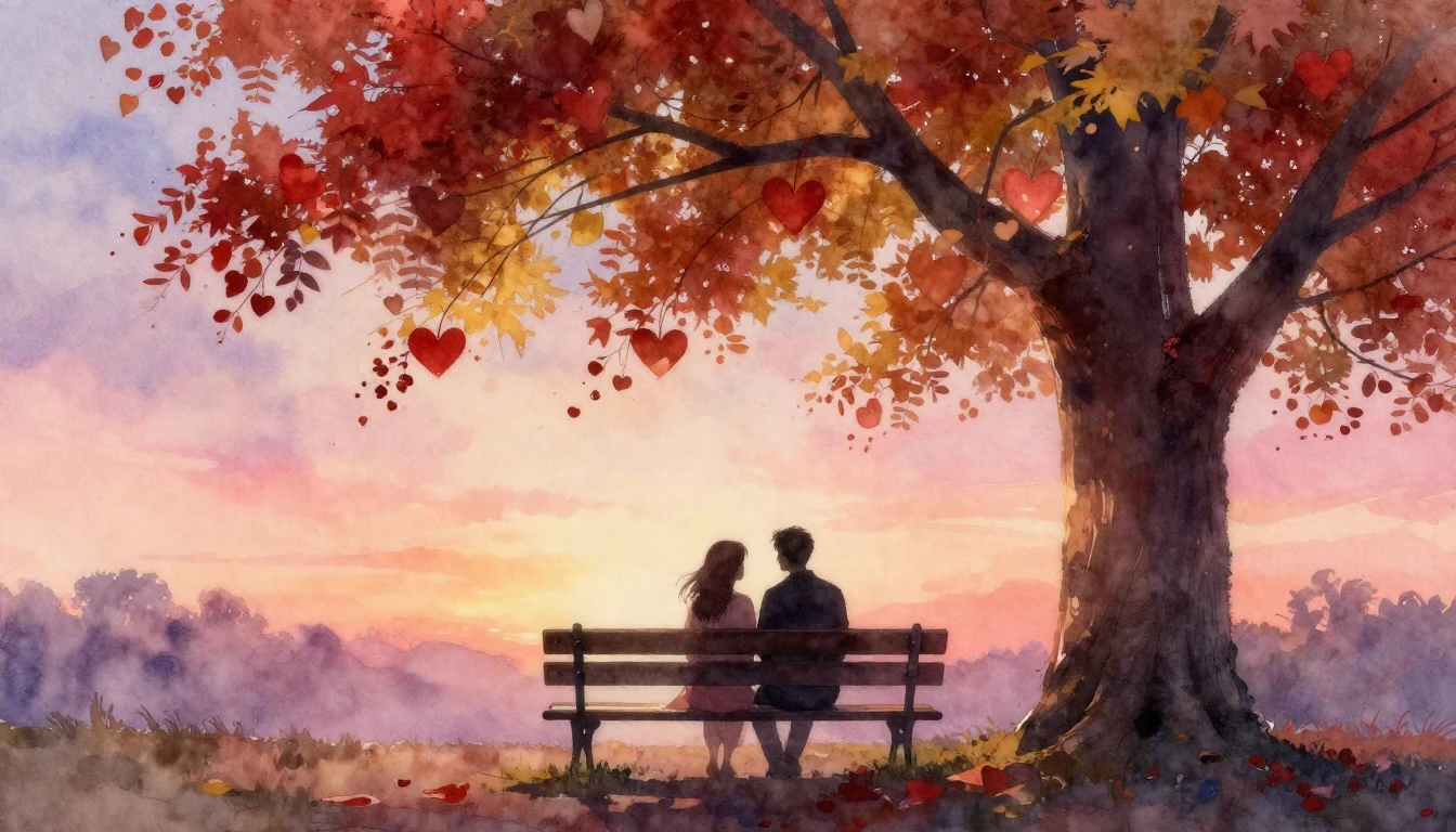 A romantic and dreamy watercolor painting featuring two silh...