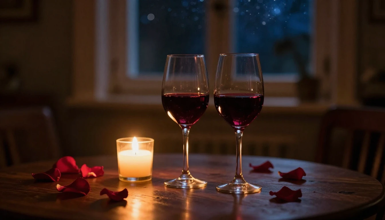 A cozy, dimly lit room during a quiet evening. On a wooden t...