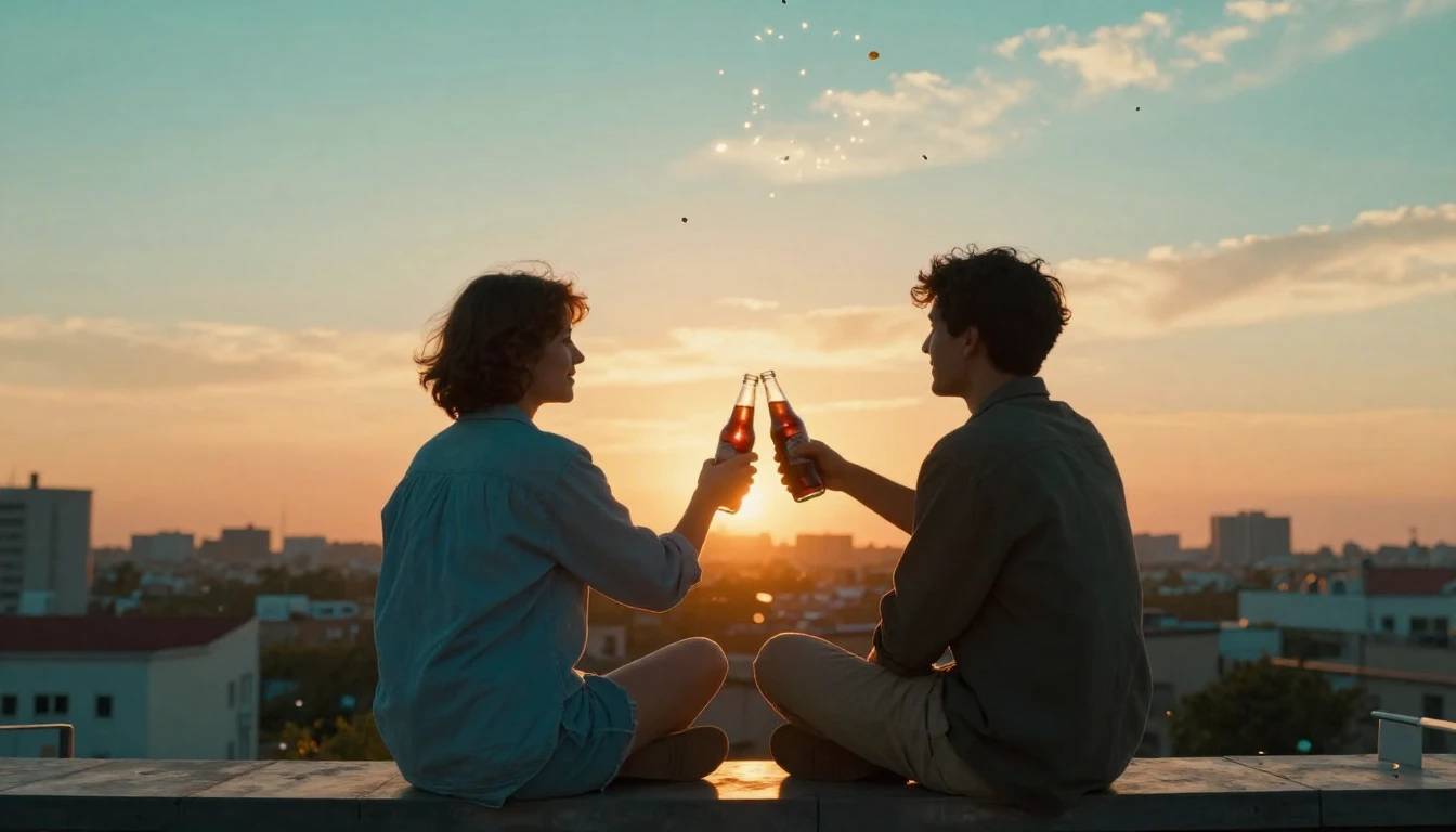 Two best friends sitting side by side on a rooftop overlooki...